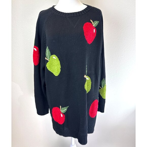 NWT Quacker Factory Apple Cottagecore Sweater Knit Pullover Black 1X Novelty - Picture 1 of 12